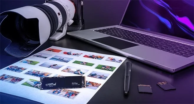 Crucial P3 Plus 1TB Gen4 NVMe SSD — 5000 MB/s Laptop Upgrade — Crucial laptop side and angled view, buy in Lahore Pakistan