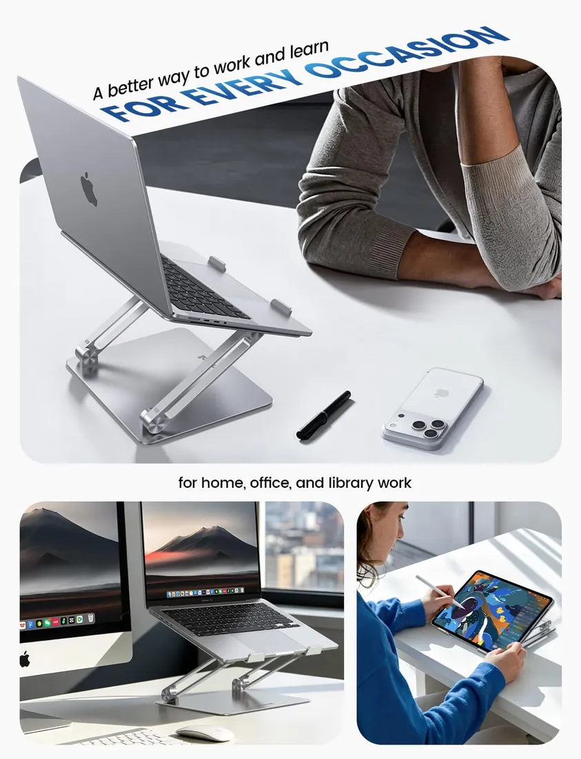 Aluminium Foldable Laptop Stand Adjustable 6 Heights Silver — Generic laptop keyboard and ports view, Lahore Pakistan