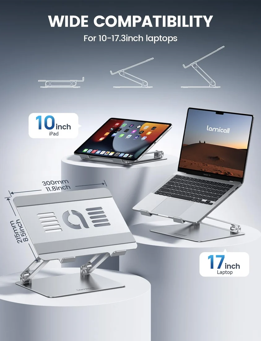 Aluminium Foldable Laptop Stand Adjustable 6 Heights Silver — Generic laptop side and angled view, buy in Lahore Pakistan