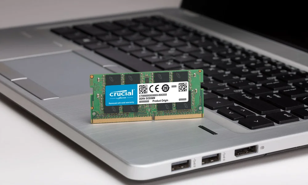 Crucial 16GB DDR4-3200 SODIMM Laptop Memory CL22 — Crucial laptop side and angled view, buy in Lahore Pakistan
