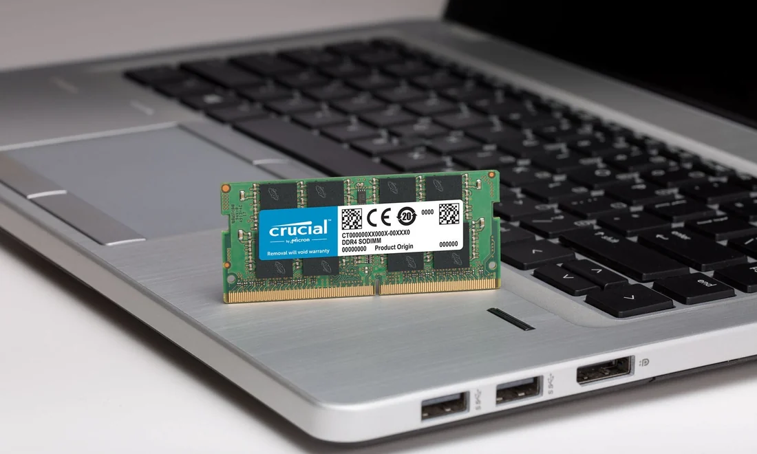 Crucial 16GB DDR5-4800 SODIMM Laptop Memory CL40 — Crucial laptop side and angled view, buy in Lahore Pakistan