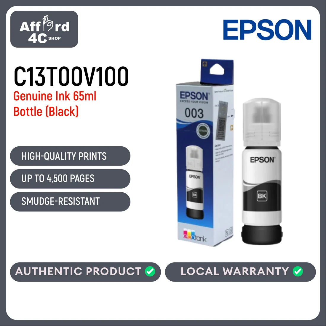 Epson 003 Ink Bottle 65ml (Black) — genuine peripherals in Lahore, Pakistan