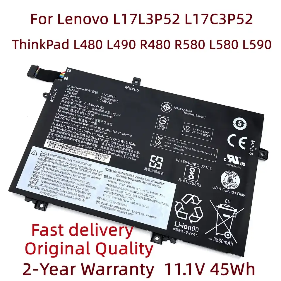 Lenovo ThinkPad L480 / L490 / L590 45Wh 3-Cell Battery (01AV463) — Lenovo laptop side and angled view, buy in Lahore Pakistan