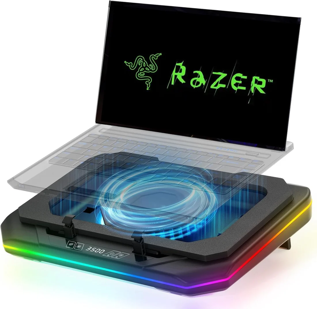 Razer Chroma RGB 15.6 inch Laptop Cooling Pad Dual Fan Black — Razer laptop keyboard and ports view, Lahore Pakistan